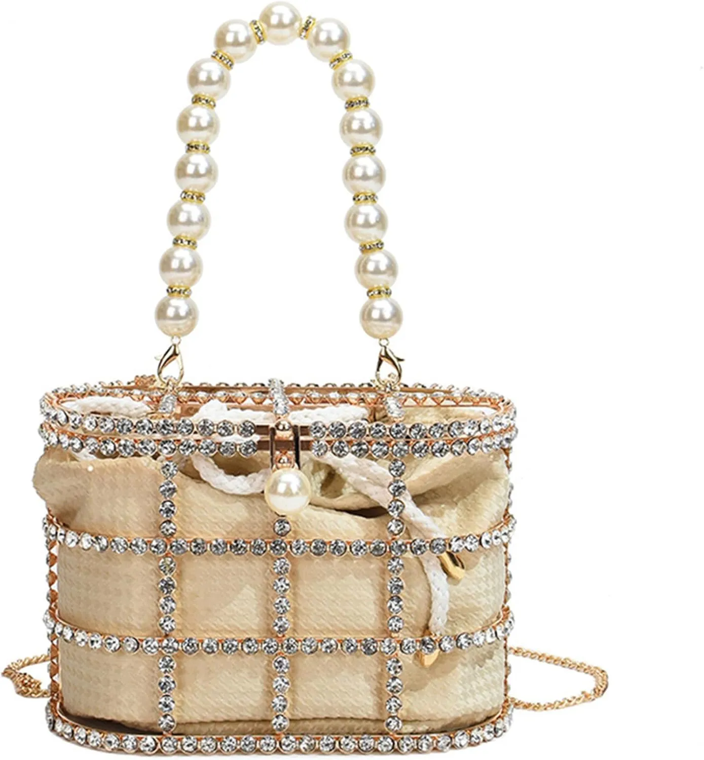 Evening Handbag Women Clutch Purses Rhinestone Bucket Bag with Synthetic Pearl Handle for Wedding Party Prom