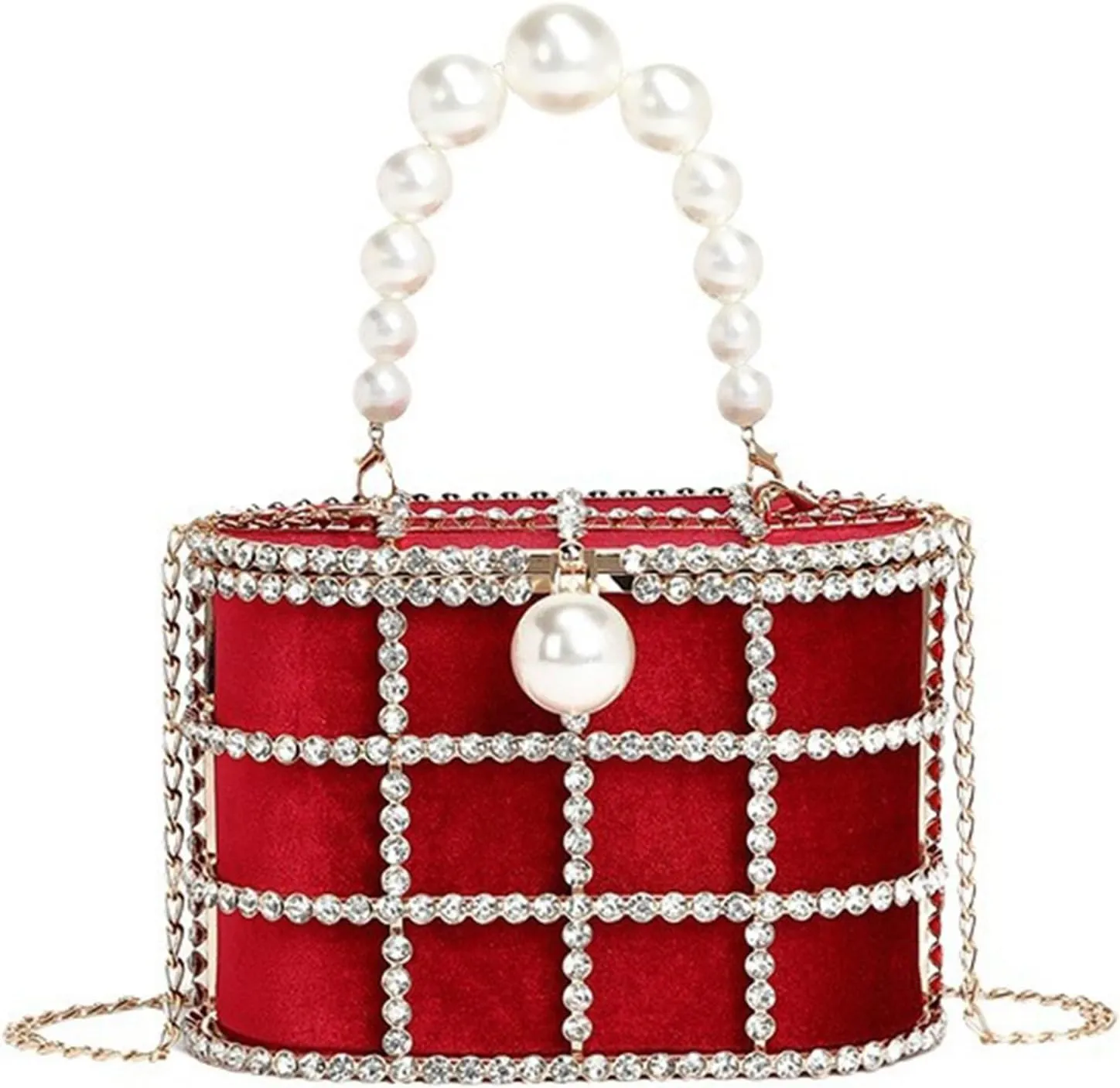 Evening Handbag Women Clutch Purses Rhinestone Bucket Bag with Synthetic Pearl Handle for Wedding Party Prom