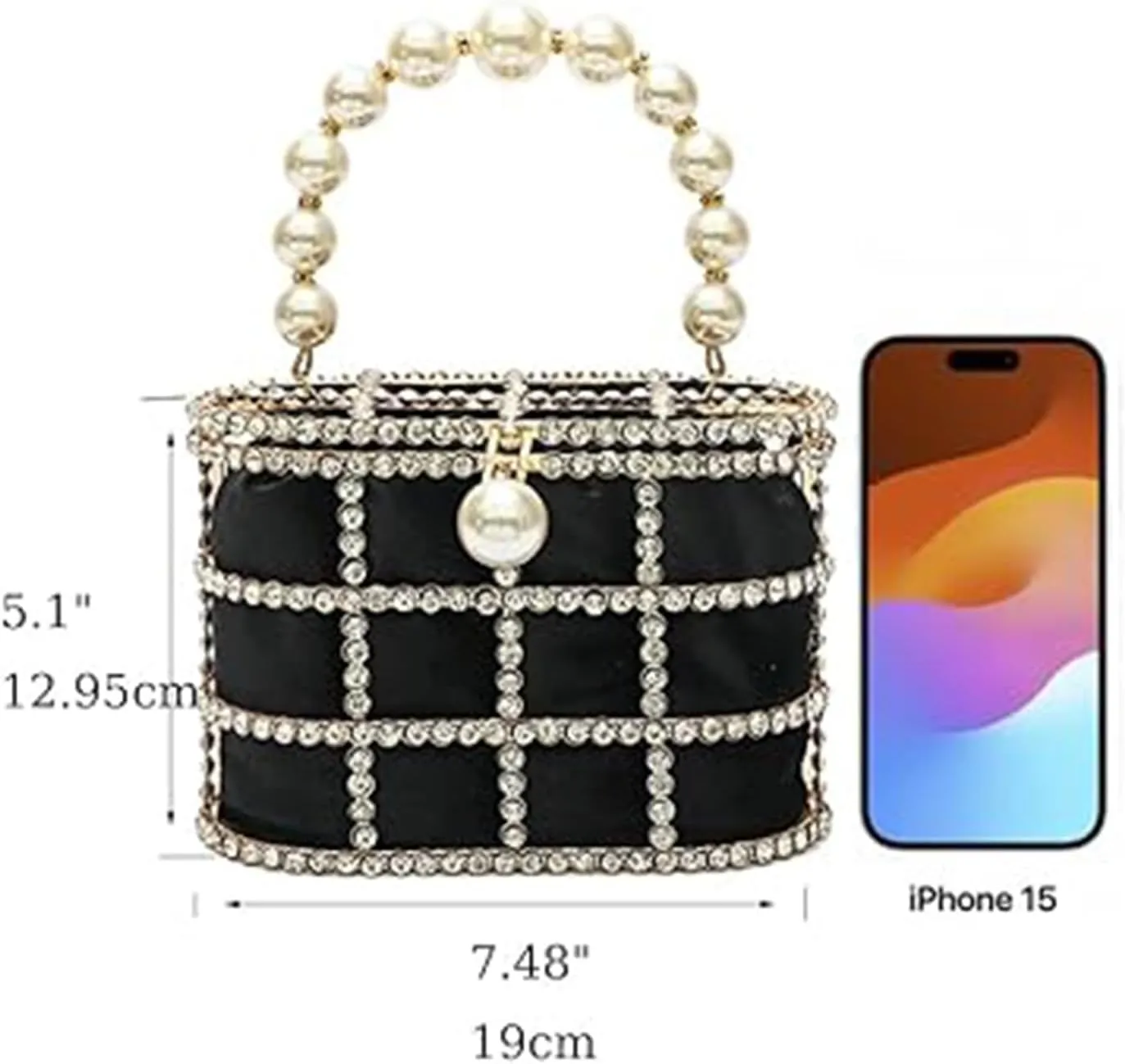 Evening Handbag Women Clutch Purses Rhinestone Bucket Bag with Synthetic Pearl Handle for Wedding Party Prom