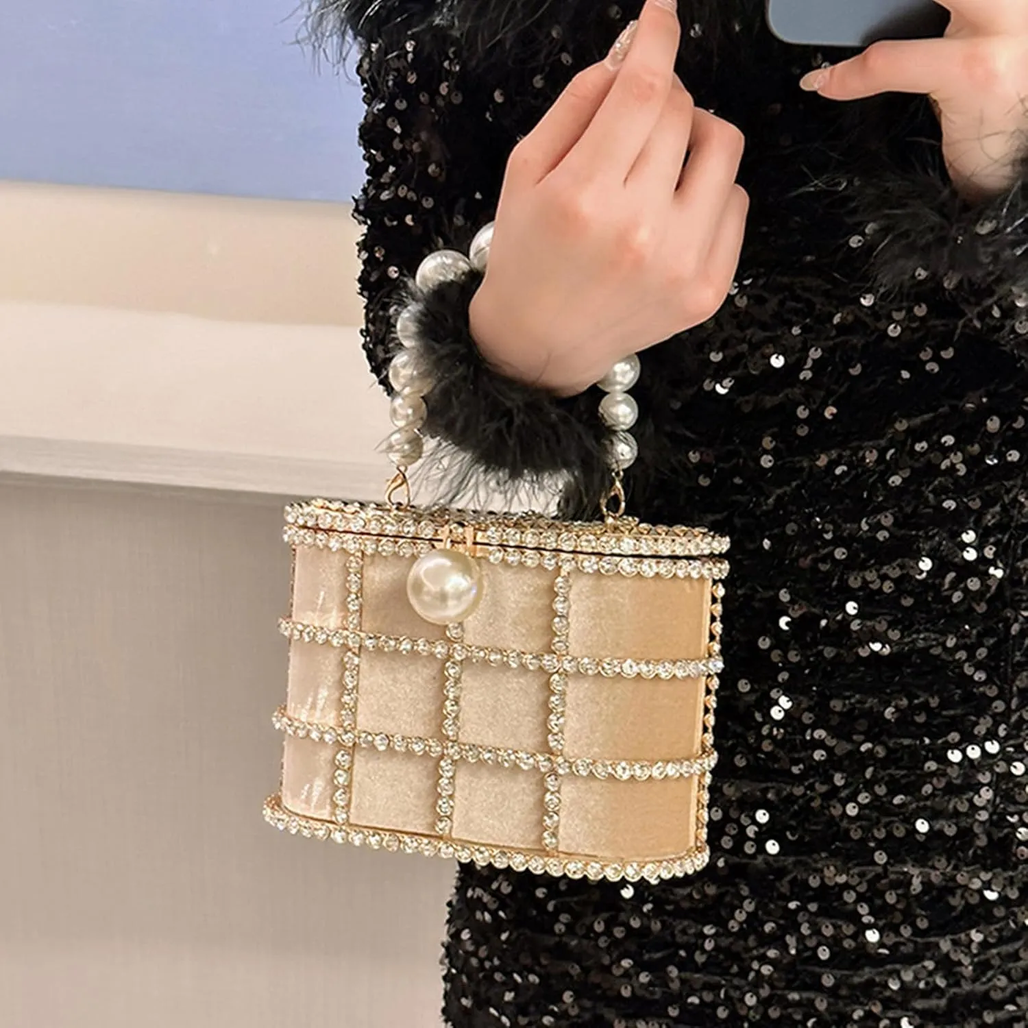 Evening Handbag Women Clutch Purses Rhinestone Bucket Bag with Synthetic Pearl Handle for Wedding Party Prom