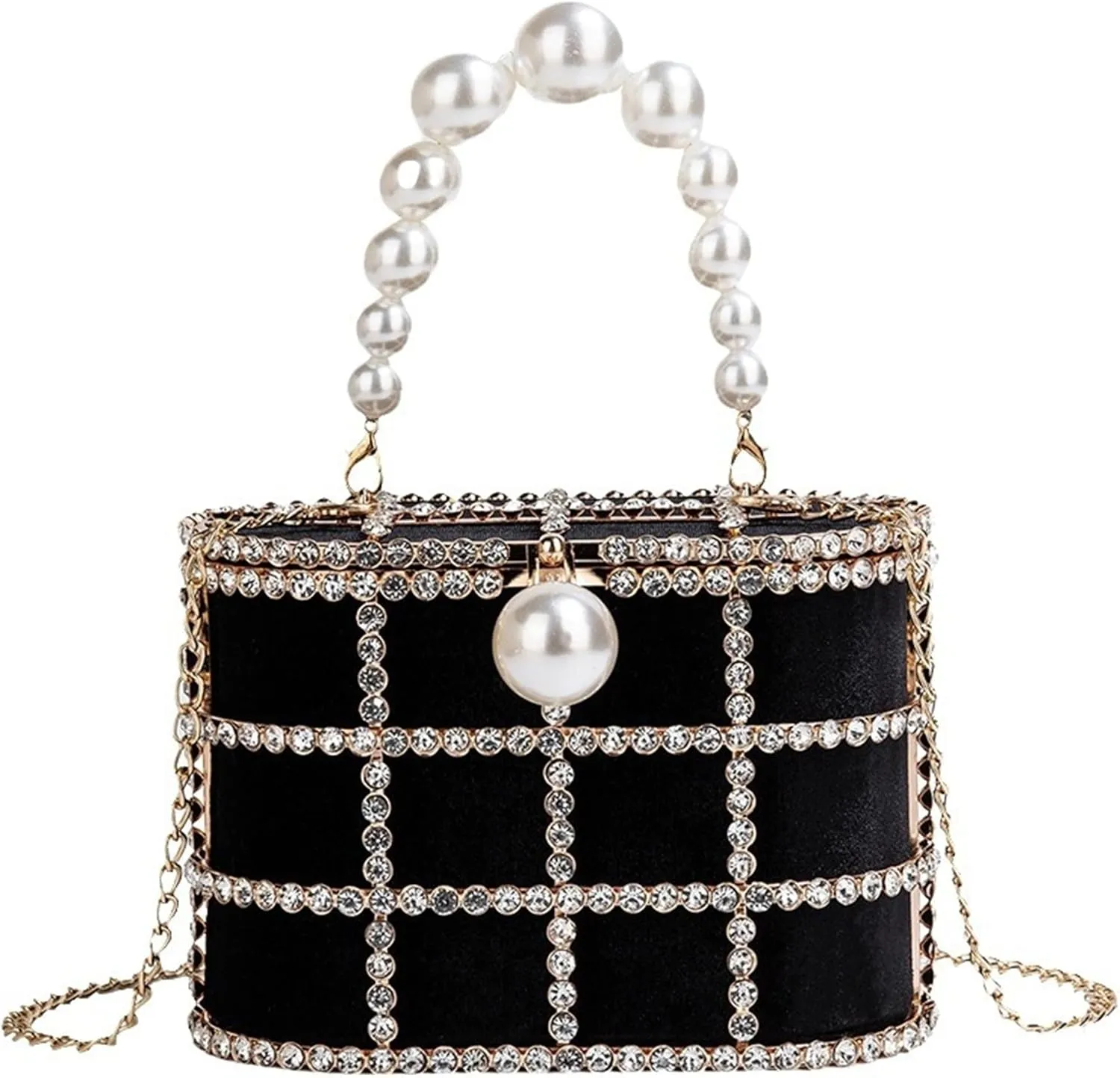 Evening Handbag Women Clutch Purses Rhinestone Bucket Bag with Synthetic Pearl Handle for Wedding Party Prom