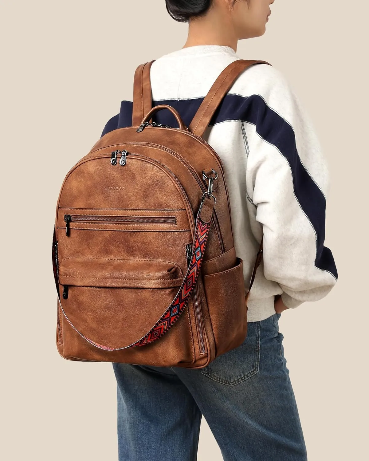 FADEON 15.6 inch Laptop Backpack Purse for Women Designer PU Leather Computer Backpacks Fashion for Work Travel Brown