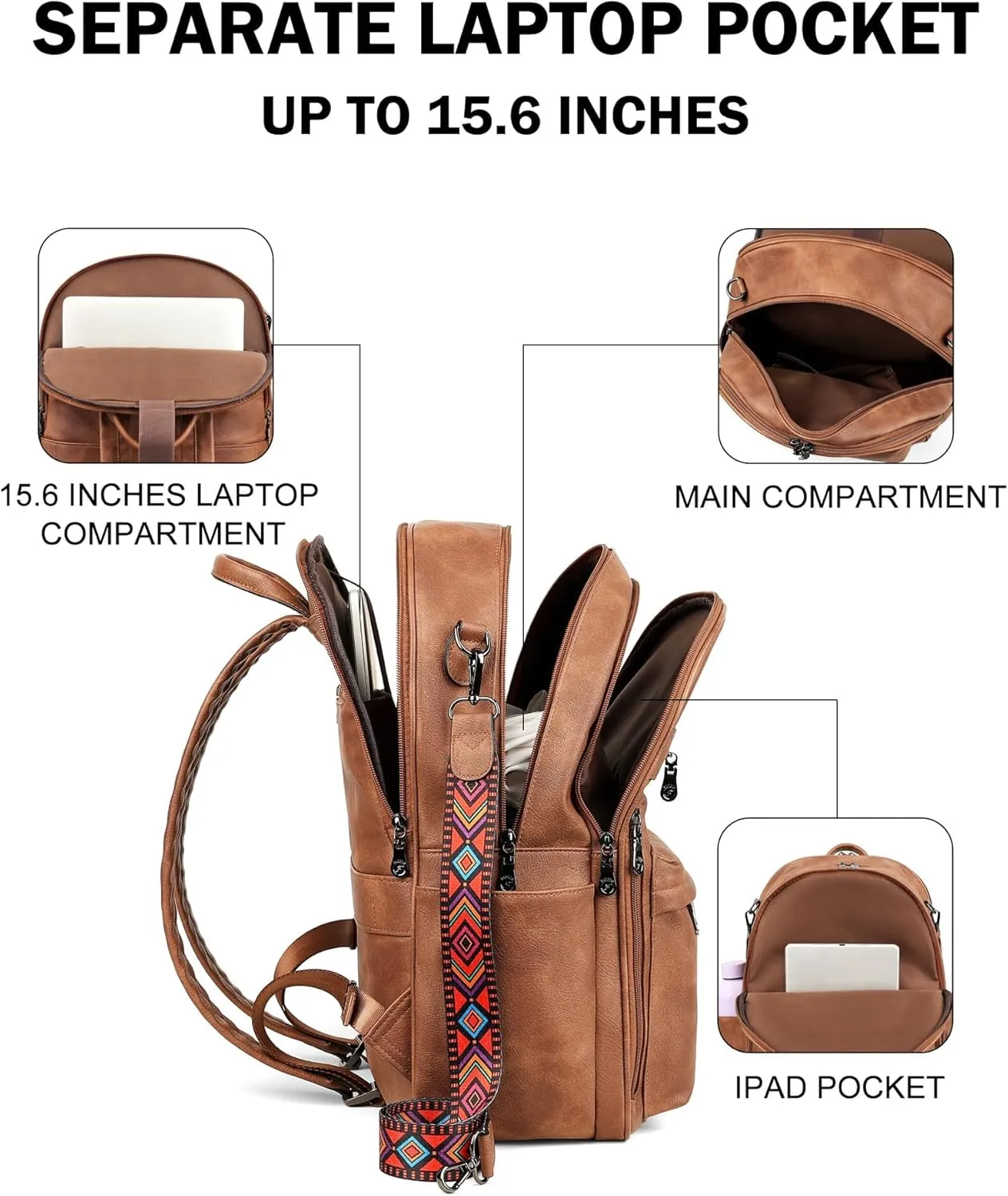FADEON 15.6 inch Laptop Backpack Purse for Women Designer PU Leather Computer Backpacks Fashion for Work Travel Brown