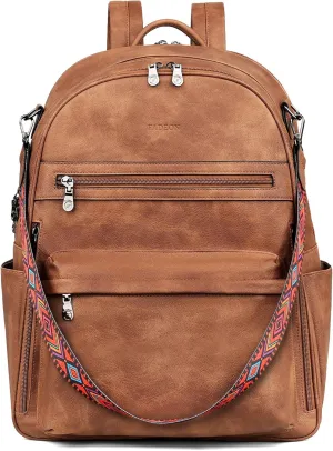 FADEON 15.6 inch Laptop Backpack Purse for Women Designer PU Leather Computer Backpacks Fashion for Work Travel Brown