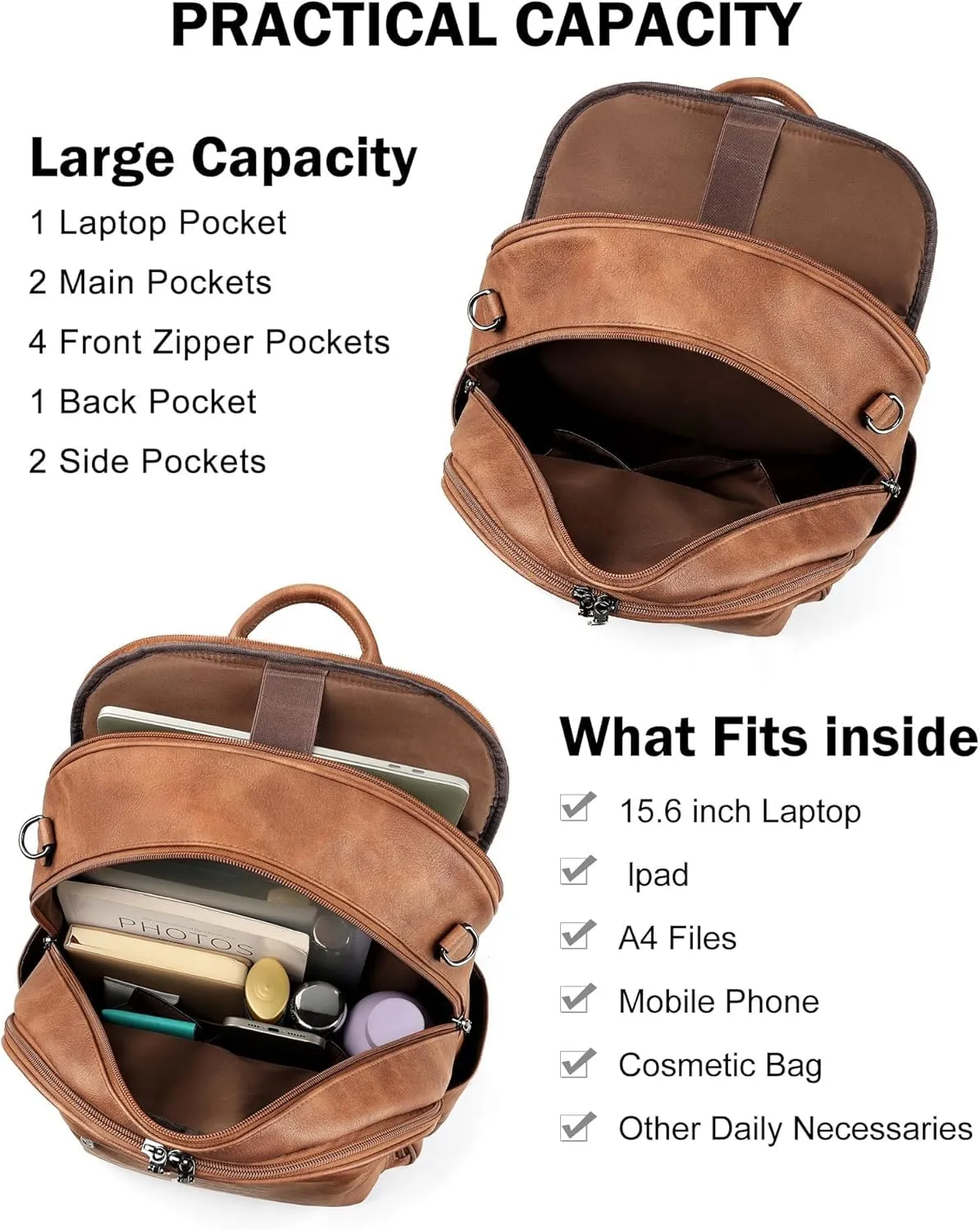 FADEON 15.6 inch Laptop Backpack Purse for Women Designer PU Leather Computer Backpacks Fashion for Work Travel Brown
