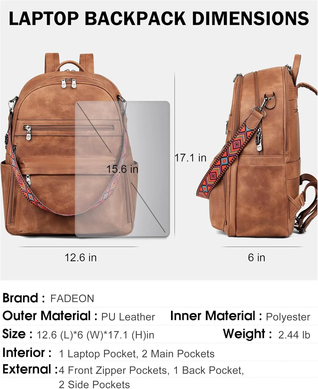 FADEON 15.6 inch Laptop Backpack Purse for Women Designer PU Leather Computer Backpacks Fashion for Work Travel Brown