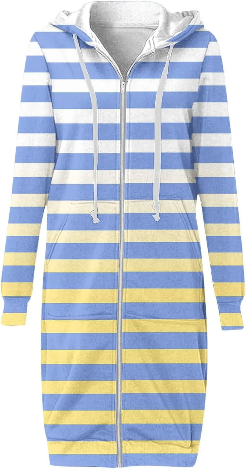 Fall Jackets for Women 2024 Casual Loose Striped Hoodies Long Sleeve Comfy Fit Winter Coats Outerwear
