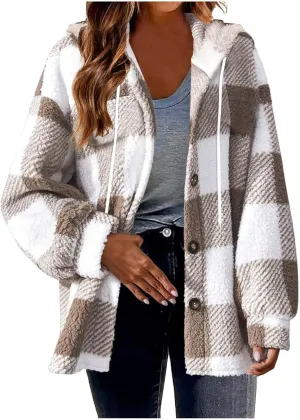 Fall Jackets for Women 2024 Plaid Shirts Casual Hoodie Jackets Long Sleeve Button Down Loose Fit Warm Winter Coats