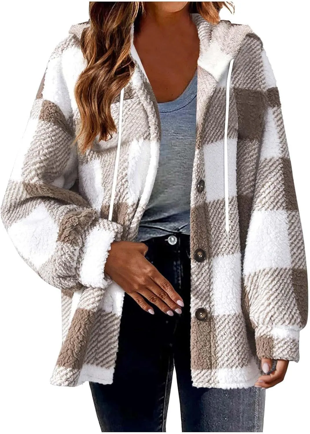 Fall Jackets for Women 2024 Plaid Shirts Casual Hoodie Jackets Long Sleeve Button Down Loose Fit Warm Winter Coats