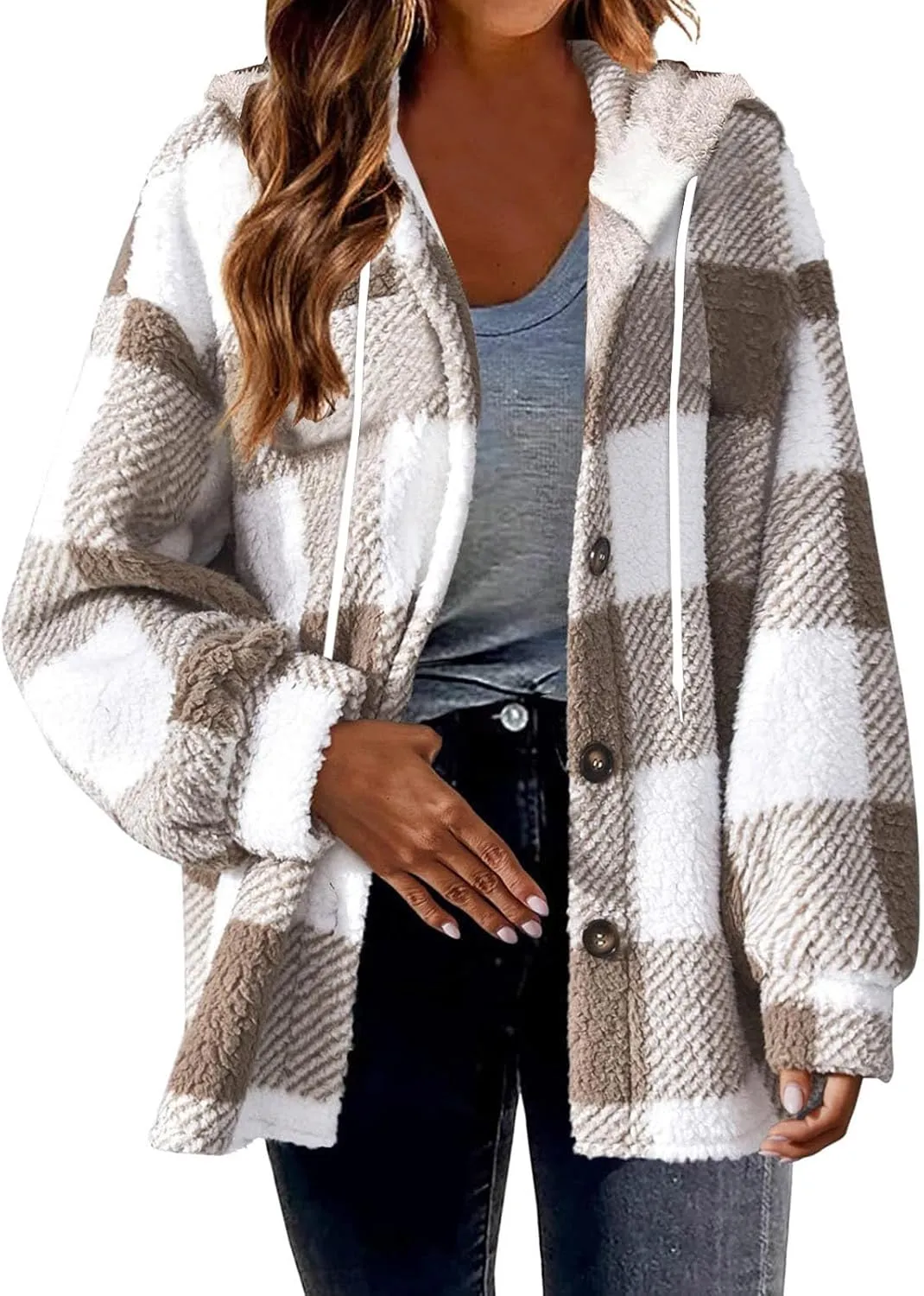 Fall Jackets for Women 2024 Plaid Shirts Casual Hoodie Jackets Long Sleeve Button Down Loose Fit Warm Winter Coats