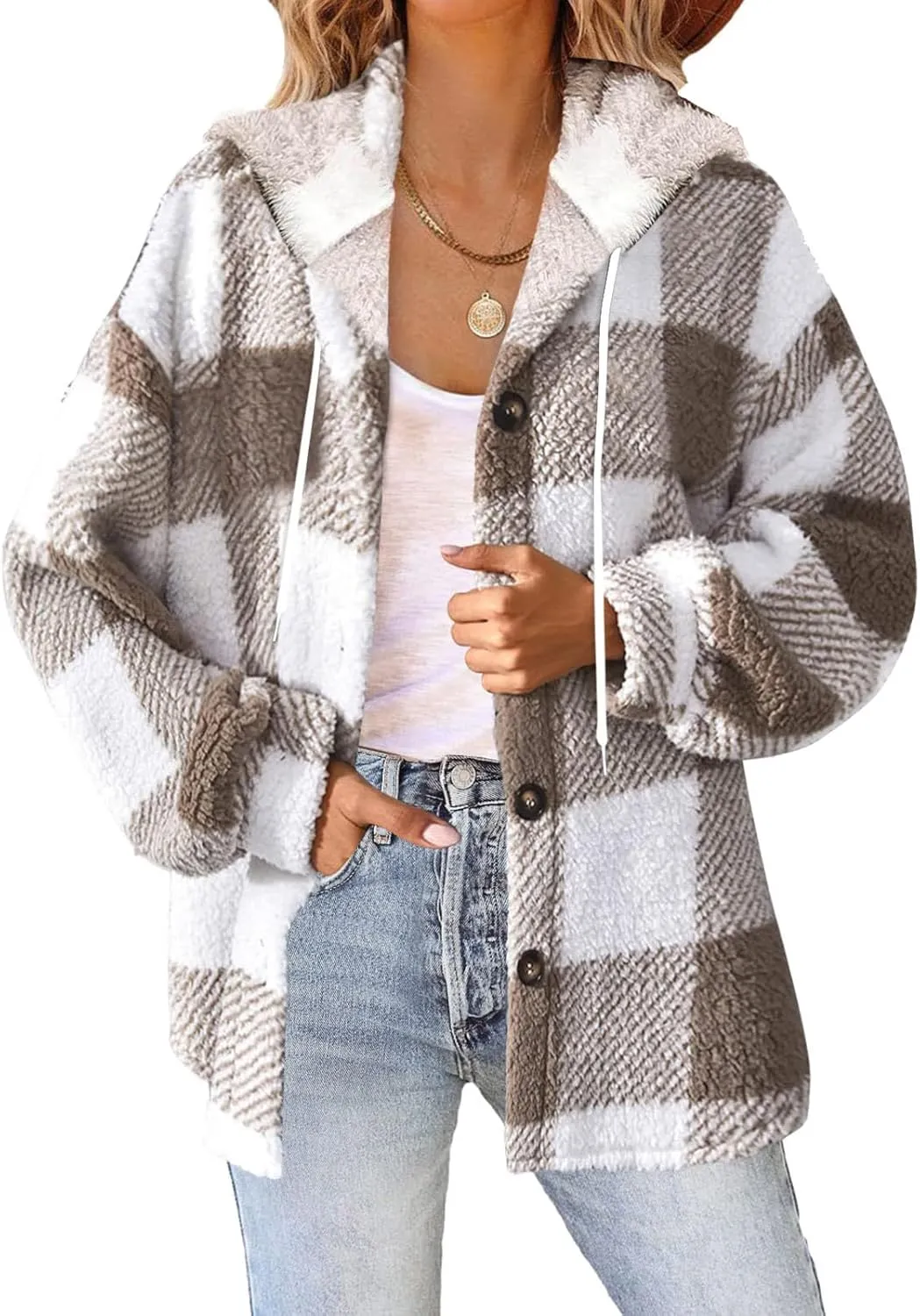 Fall Jackets for Women 2024 Plaid Shirts Casual Hoodie Jackets Long Sleeve Button Down Loose Fit Warm Winter Coats