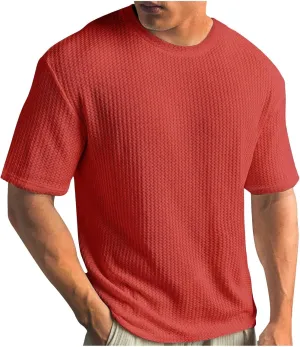 Finelylove T Shirts for Man Crochet Knitted T Shirt Crew Neck Short Sleeve Summer Beach Waffle Textured Tops Casual