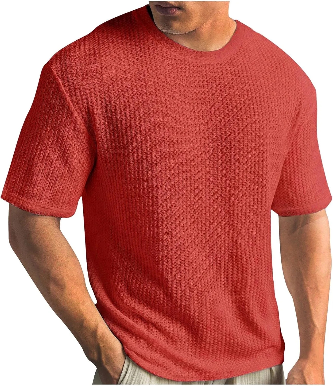 Finelylove T Shirts for Man Crochet Knitted T Shirt Crew Neck Short Sleeve Summer Beach Waffle Textured Tops Casual