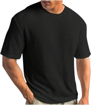 Finelylove T Shirts for Man Crochet Knitted T Shirt Crew Neck Short Sleeve Summer Beach Waffle Textured Tops Casual