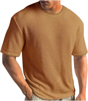 Finelylove T Shirts for Man Crochet Knitted T Shirt Crew Neck Short Sleeve Summer Beach Waffle Textured Tops Casual