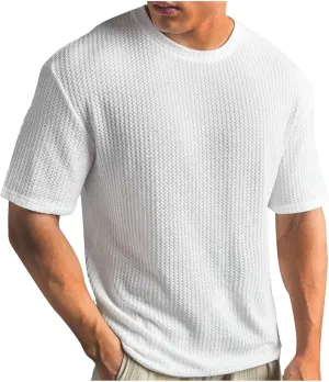 Finelylove T Shirts for Man Crochet Knitted T Shirt Crew Neck Short Sleeve Summer Beach Waffle Textured Tops Casual