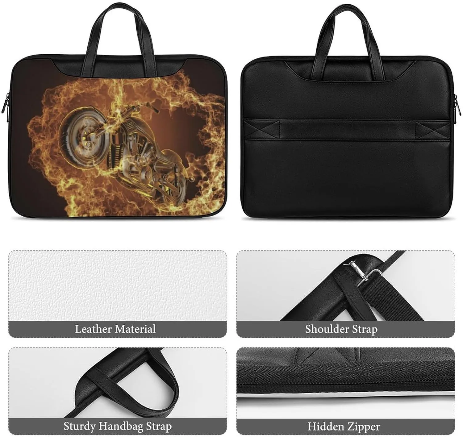 Fire Motorbike Dangerous Sport Leather Bag Laptop Case Slim Water Resistant Computer Bags with Handle Briefcase for Work