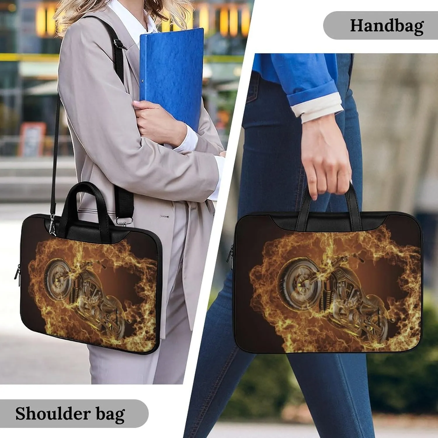 Fire Motorbike Dangerous Sport Leather Bag Laptop Case Slim Water Resistant Computer Bags with Handle Briefcase for Work