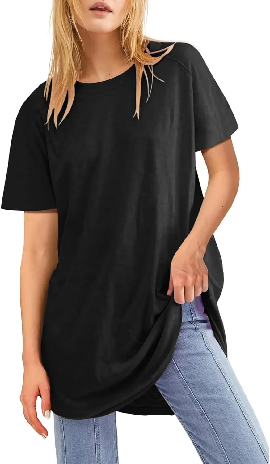 Fisoew Womens Oversized T Shirts Short Sleeve Tunic Tops Crew Neck T-Shirts Summer Casual Loose Fit Basic Tee