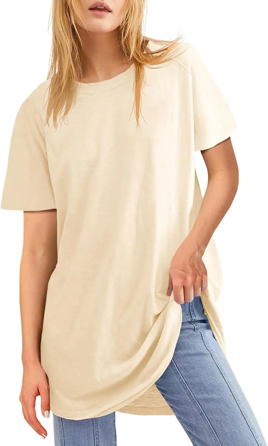 Fisoew Womens Oversized T Shirts Short Sleeve Tunic Tops Crew Neck T-Shirts Summer Casual Loose Fit Basic Tee