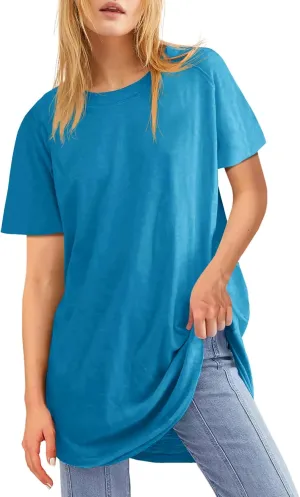 Fisoew Womens Oversized T Shirts Short Sleeve Tunic Tops Crew Neck T-Shirts Summer Casual Loose Fit Basic Tee