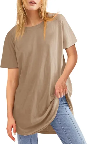 Fisoew Womens Oversized T Shirts Short Sleeve Tunic Tops Crew Neck T-Shirts Summer Casual Loose Fit Basic Tee