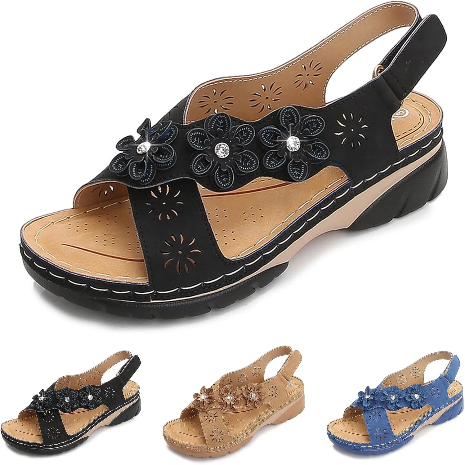 Flats Sandals for Women Summer Open Toe Lightweight Ankle Strap Walking Sandals Casual Slip on Beach Sandal