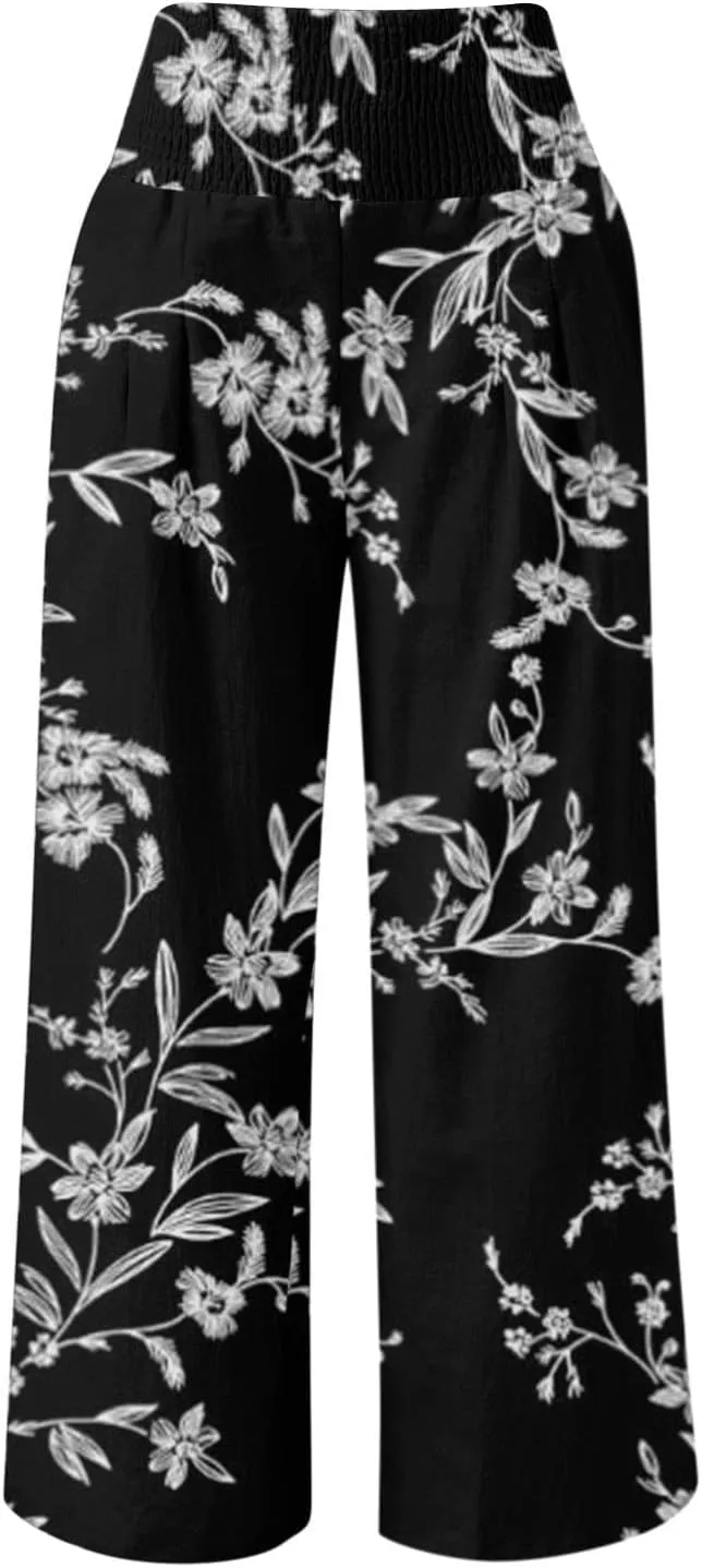 Flowy Summer Pants for Women 2025 Baggy Y2K Summer Stretchy Boho Beach Pants Relaxed Loose Fit Elastic Lightweight Trousers