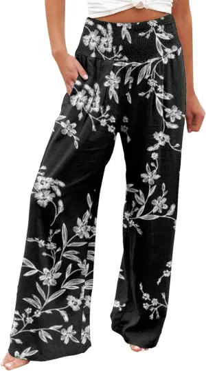 Flowy Summer Pants for Women 2025 Baggy Y2K Summer Stretchy Boho Beach Pants Relaxed Loose Fit Elastic Lightweight Trousers