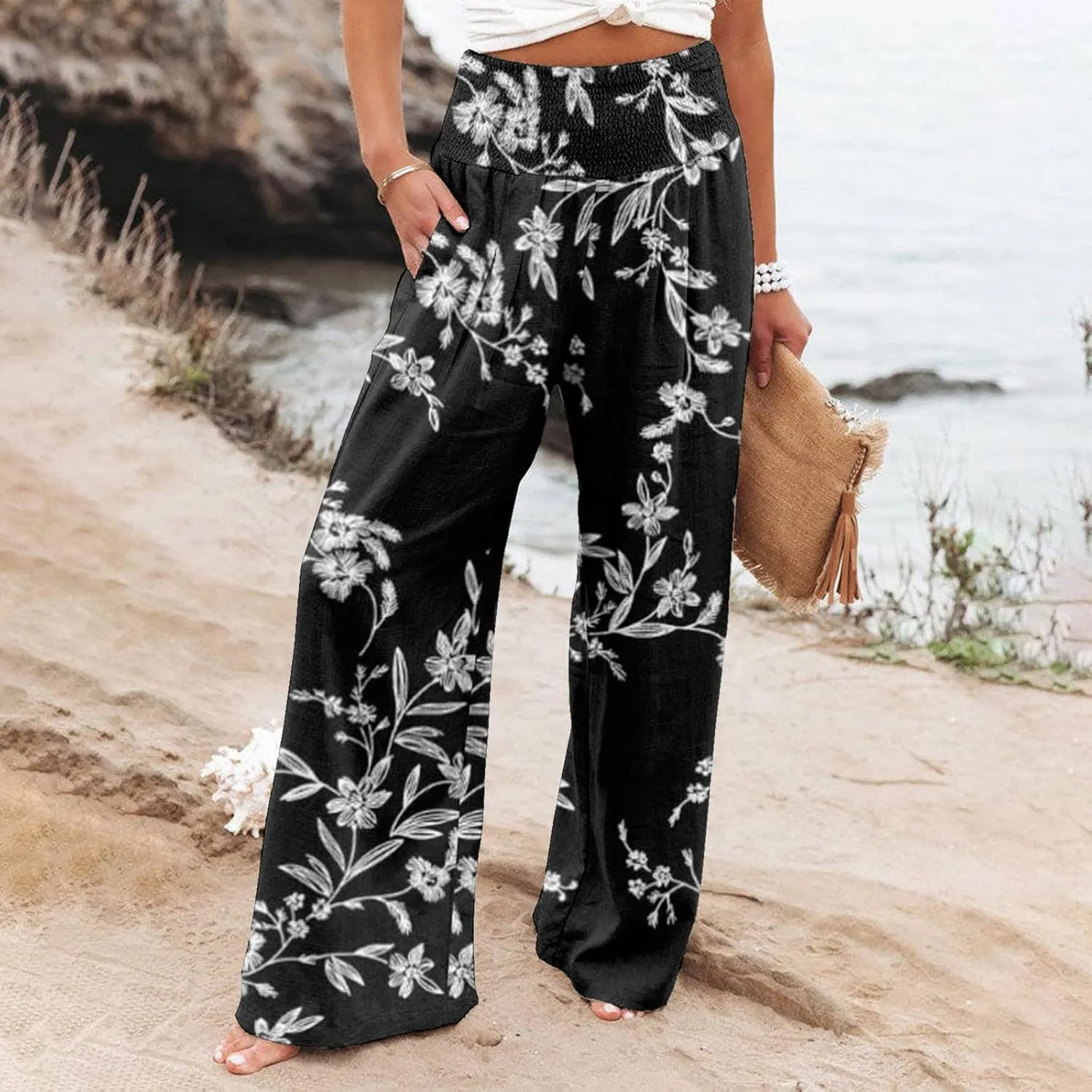 Flowy Summer Pants for Women 2025 Baggy Y2K Summer Stretchy Boho Beach Pants Relaxed Loose Fit Elastic Lightweight Trousers