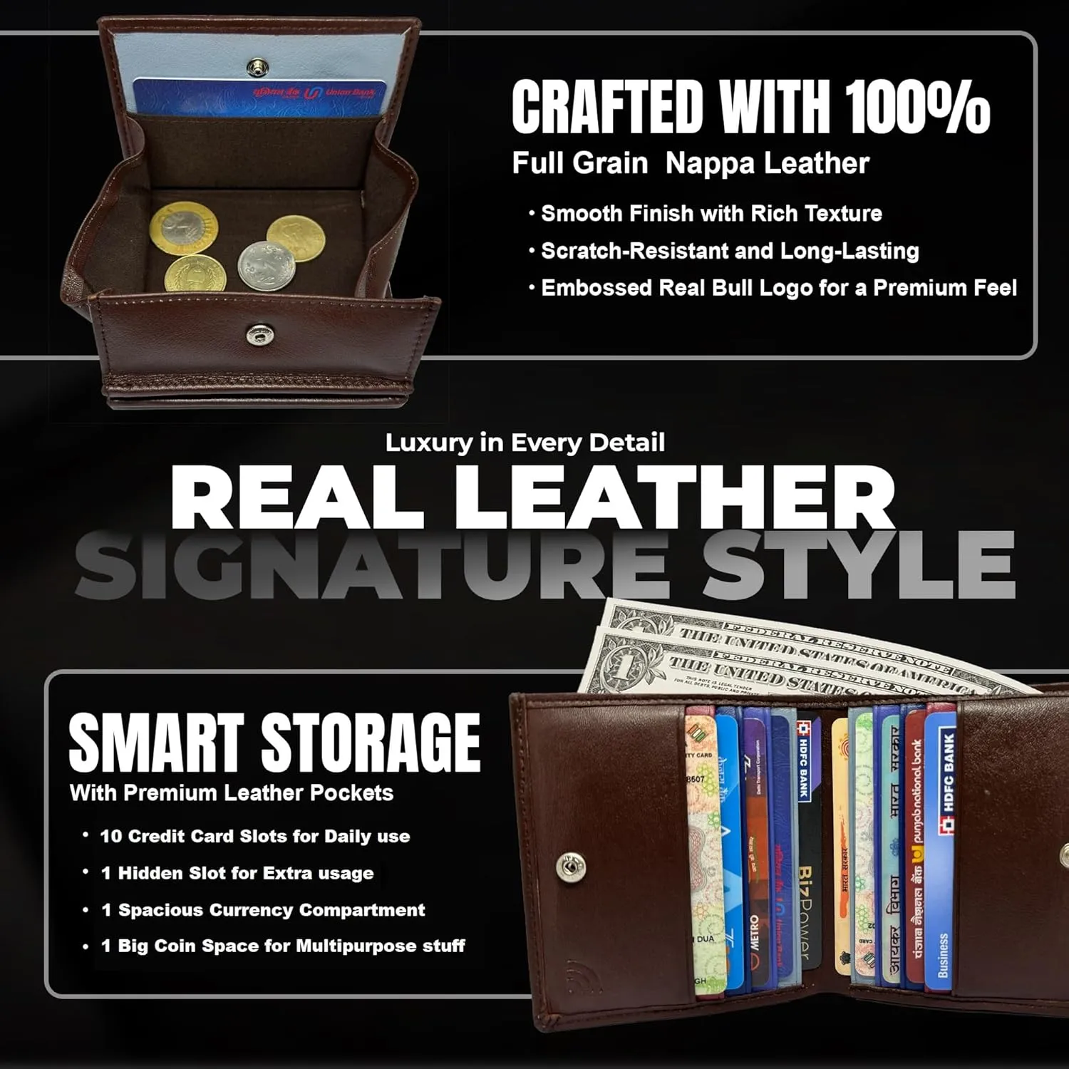 Full Grain Real Leather Wallet with Card Slots Coin Pouch RFID Blocking Combo Gift Box (Ladies Purse Brown)
