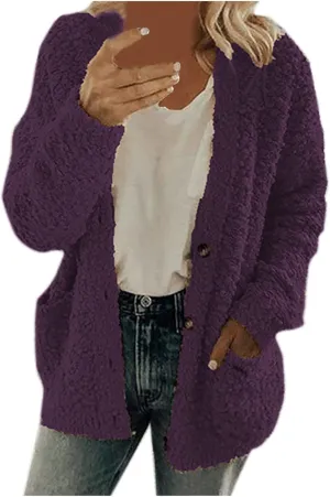 Fuzzy Fleece Jacket for Women Fashion Solid Color Loose Fit Cardigans Sweaters Button Down Open Front Plush Sweatshirt