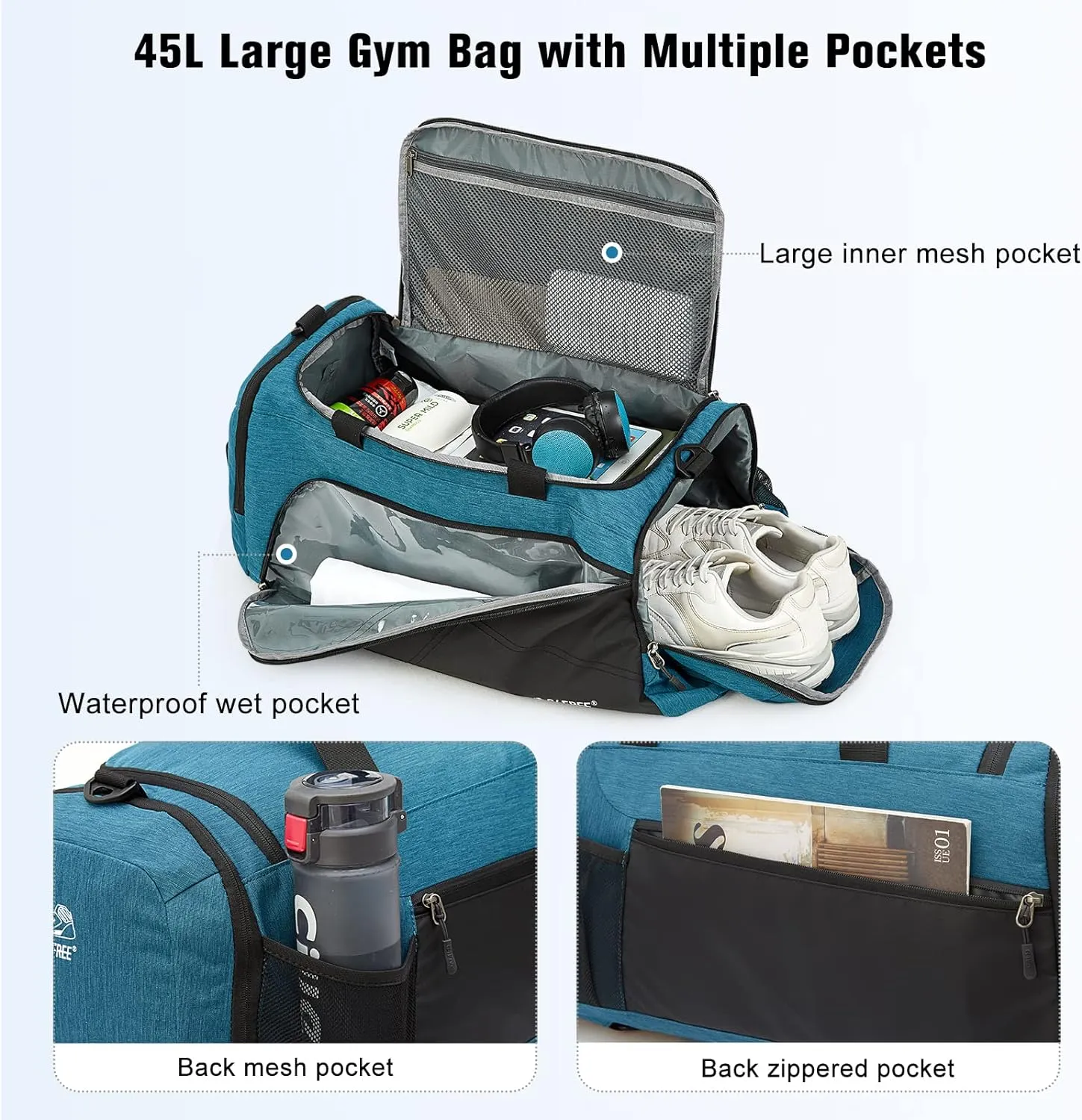 G4Free 45L/60L 3-Way Duffle Backpack Gym Bag with Wet Pocket & Shoes Compartment Sports Travel Weekender Overnight Duffel Bag