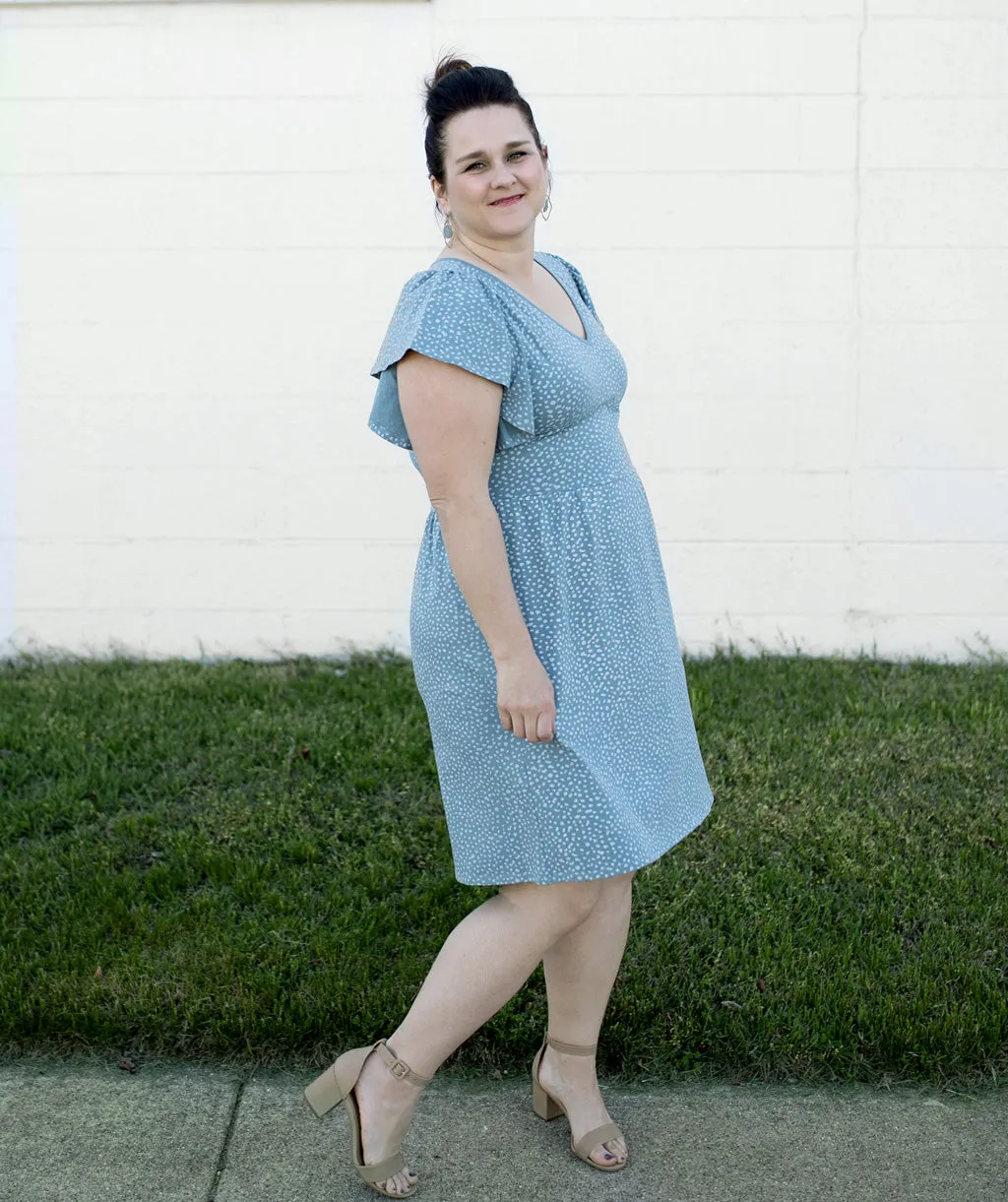 GEORGIA printed flutter dress in Smoke Blue