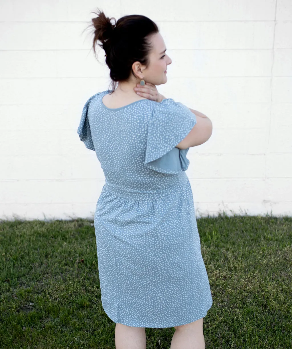 GEORGIA printed flutter dress in Smoke Blue