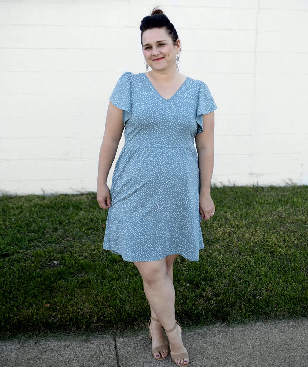 GEORGIA printed flutter dress in Smoke Blue