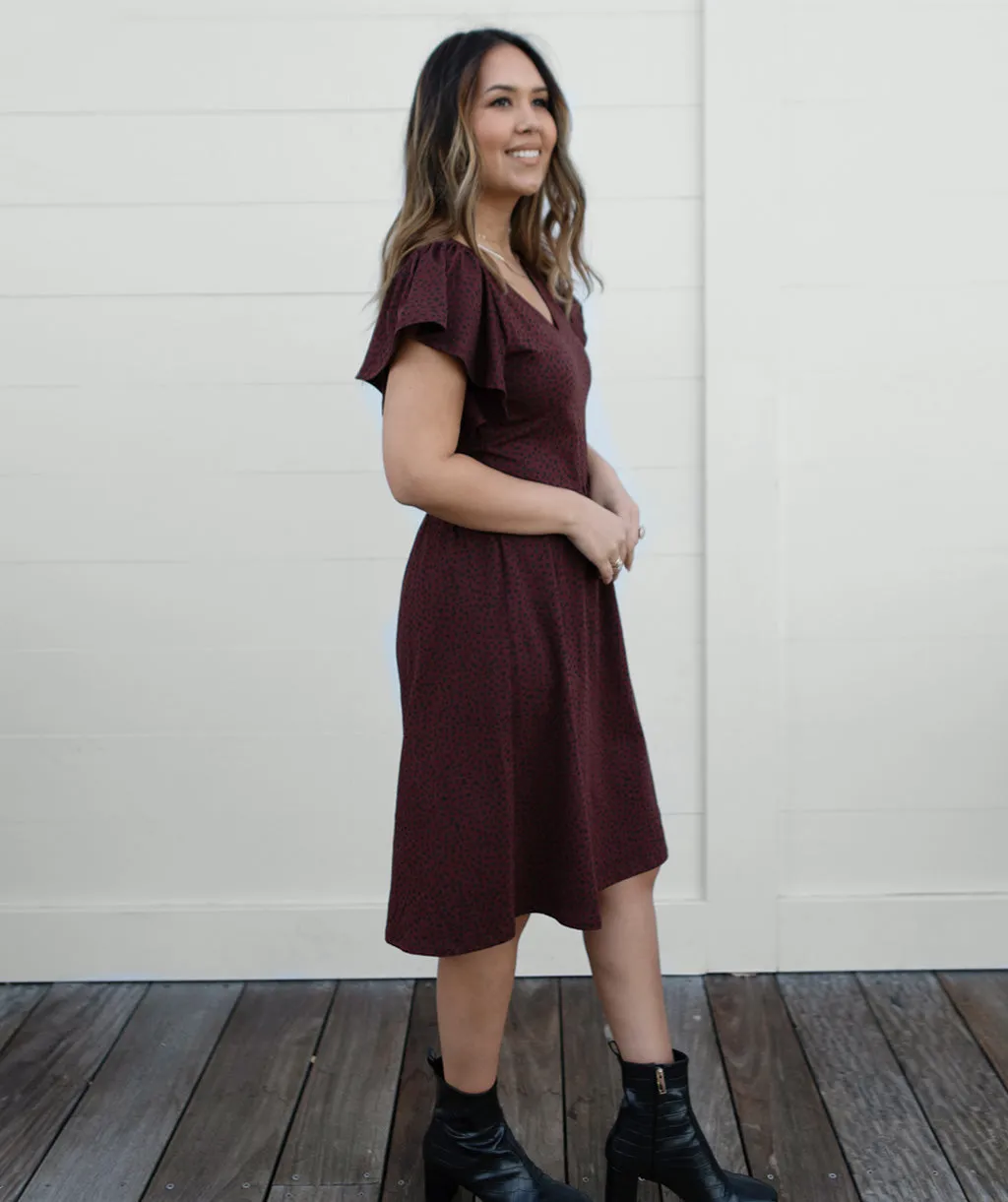 GEORGIA printed flutter dress in Truffle