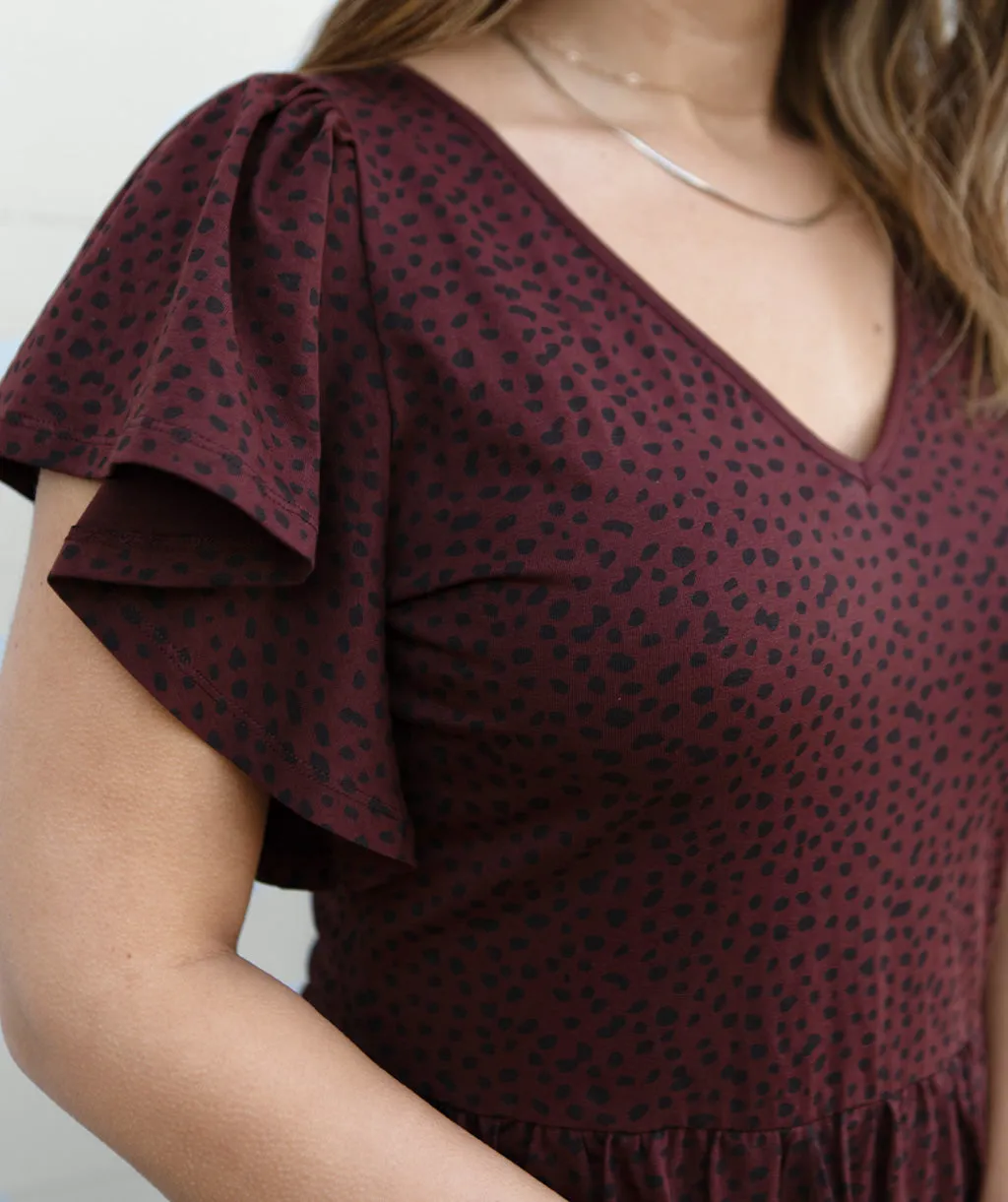 GEORGIA printed flutter dress in Truffle