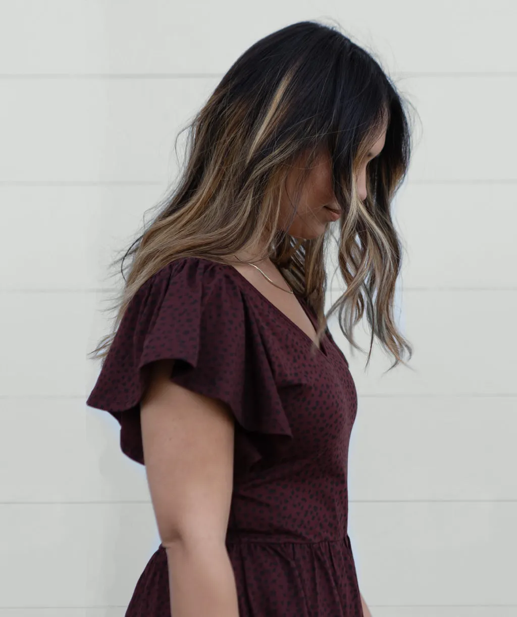 GEORGIA printed flutter dress in Truffle