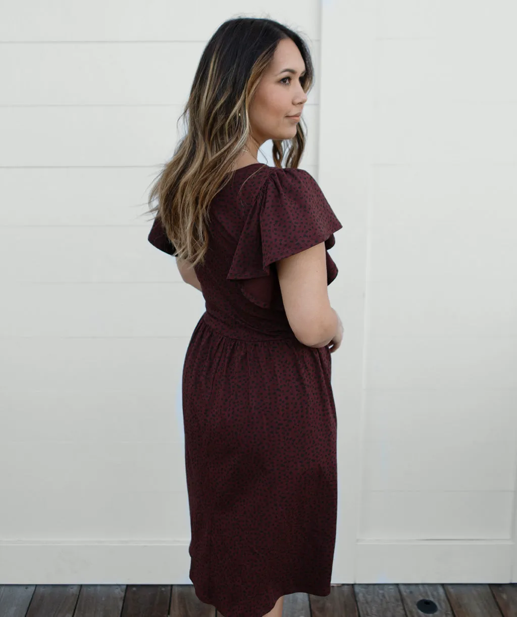 GEORGIA printed flutter dress in Truffle