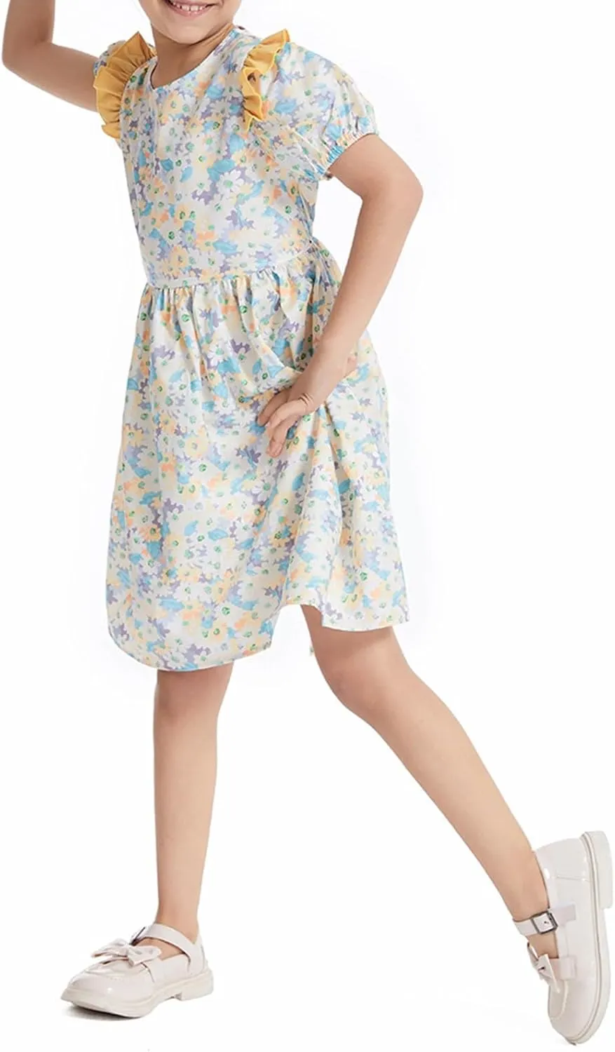 Girls Vintage Floral Dress Summer Flowy Swing Holiday Dress with Belt Bubble Short Sleeve Ruffle Princess Dress