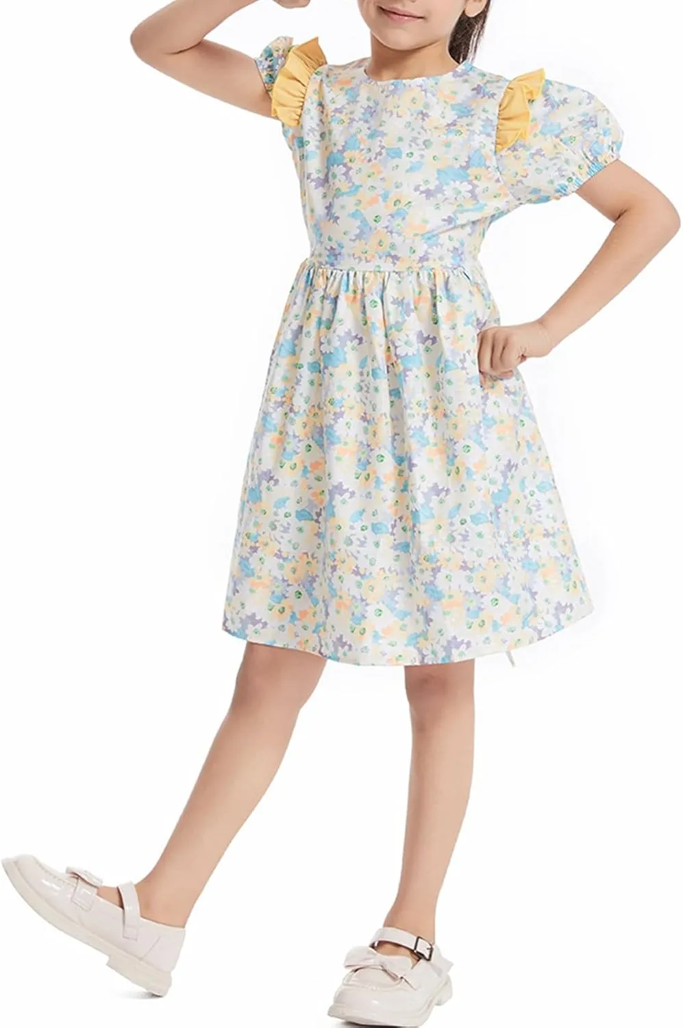 Girls Vintage Floral Dress Summer Flowy Swing Holiday Dress with Belt Bubble Short Sleeve Ruffle Princess Dress