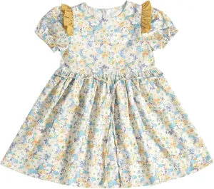 Girls Vintage Floral Dress Summer Flowy Swing Holiday Dress with Belt Bubble Short Sleeve Ruffle Princess Dress