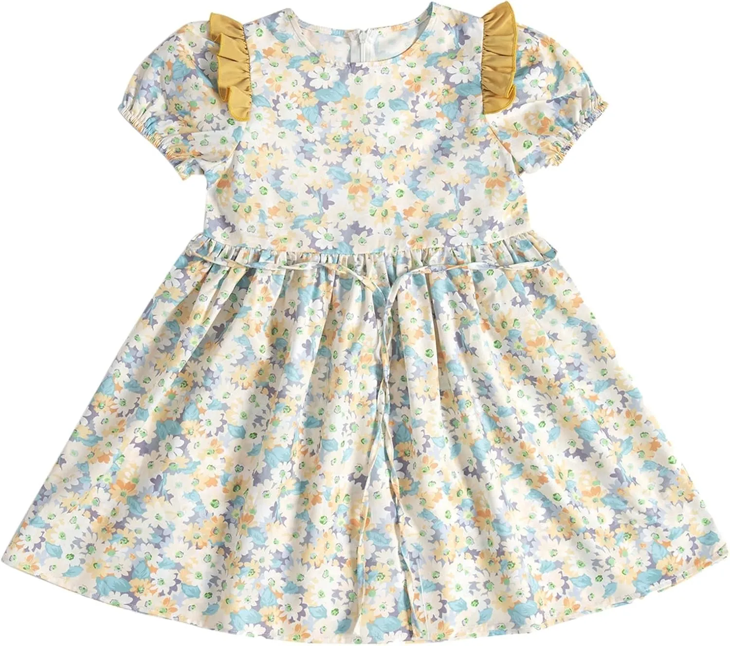 Girls Vintage Floral Dress Summer Flowy Swing Holiday Dress with Belt Bubble Short Sleeve Ruffle Princess Dress