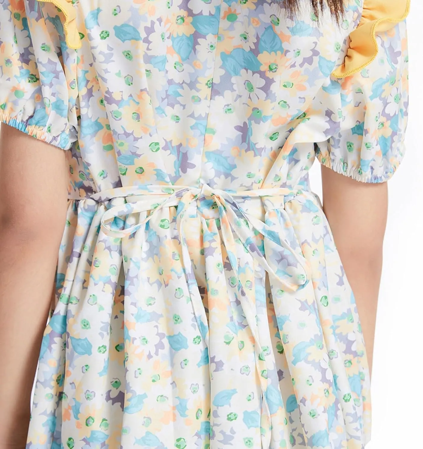 Girls Vintage Floral Dress Summer Flowy Swing Holiday Dress with Belt Bubble Short Sleeve Ruffle Princess Dress