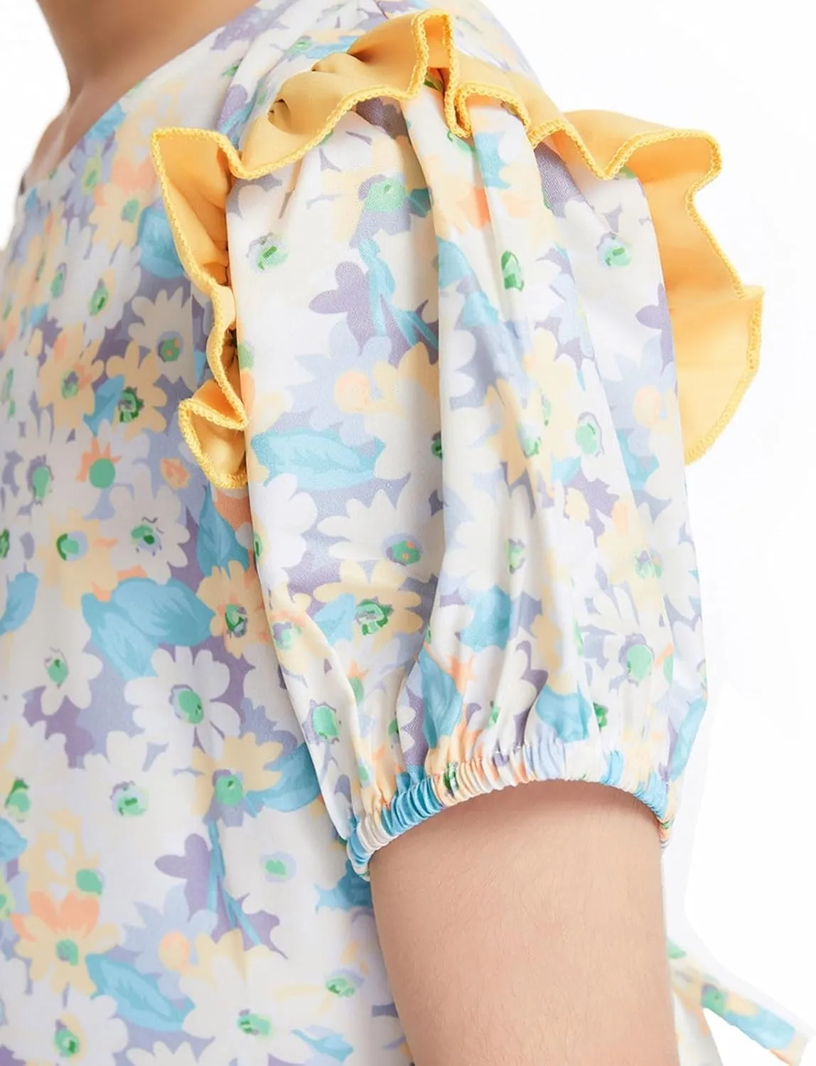 Girls Vintage Floral Dress Summer Flowy Swing Holiday Dress with Belt Bubble Short Sleeve Ruffle Princess Dress