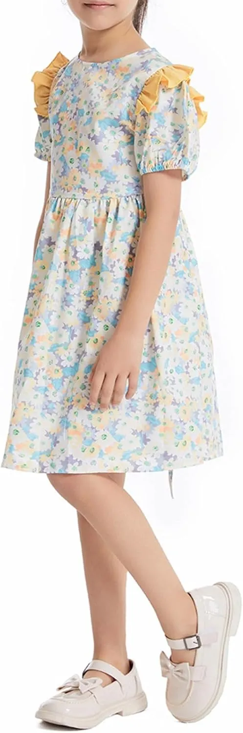 Girls Vintage Floral Dress Summer Flowy Swing Holiday Dress with Belt Bubble Short Sleeve Ruffle Princess Dress