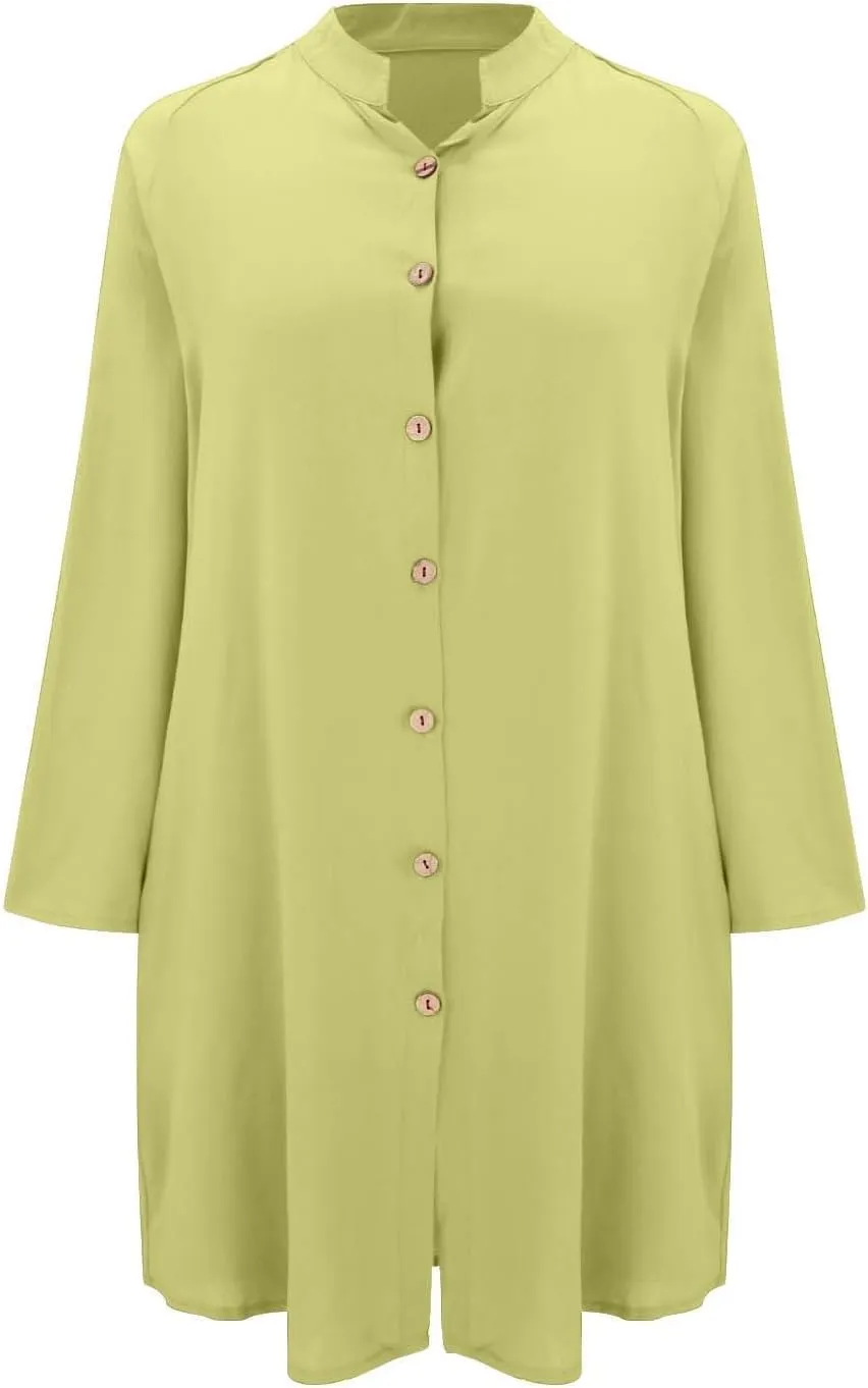 GOKKILRW Womens Cotton Linen T-Shirt Dresses Loose Button Down Long Sleeve Blouses Midi Dress Flowy Casual Summer Shirt Dress