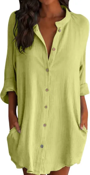 GOKKILRW Womens Cotton Linen T-Shirt Dresses Loose Button Down Long Sleeve Blouses Midi Dress Flowy Casual Summer Shirt Dress