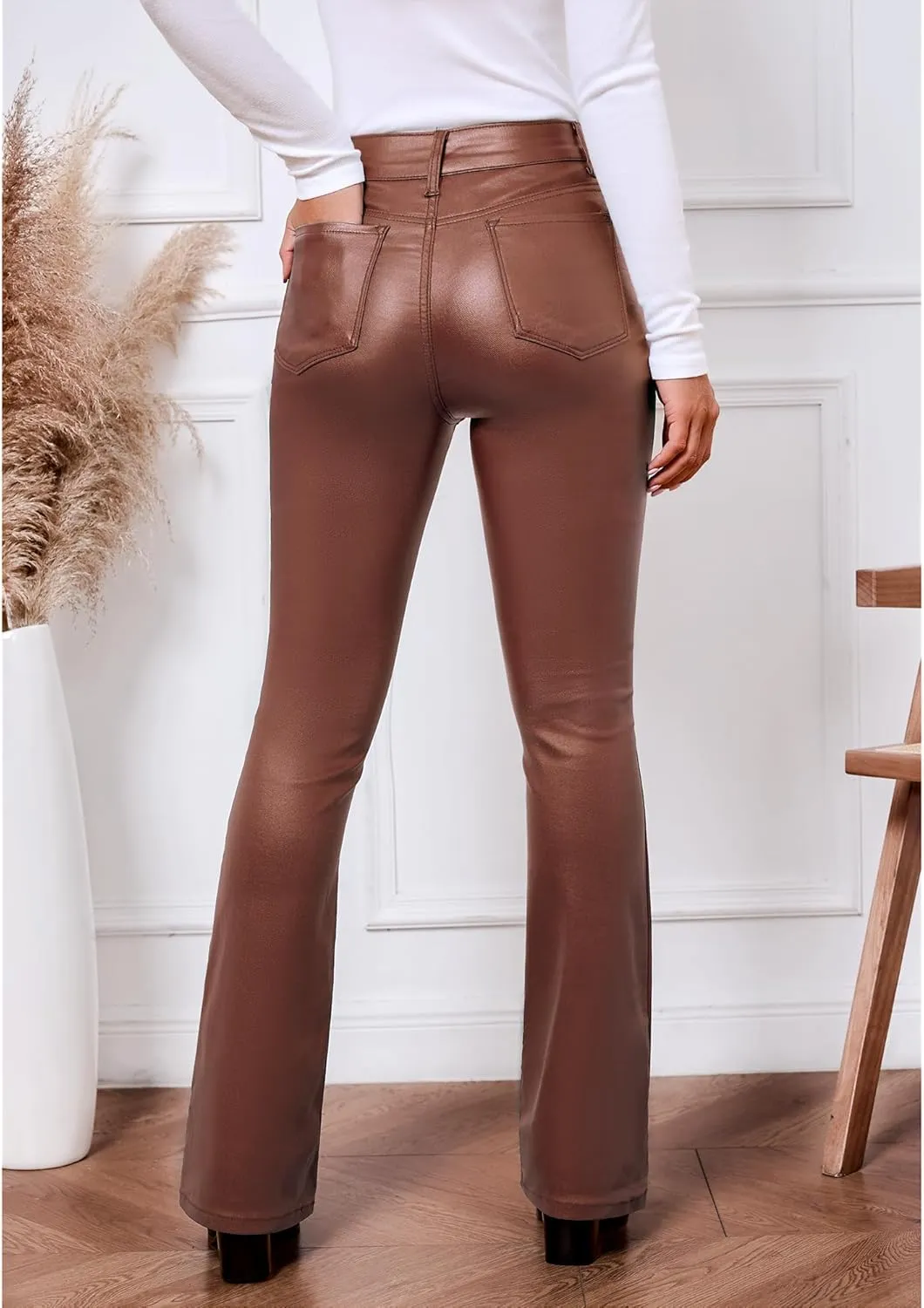 GRAPENT Flare Pants for Women High Wasited Stretchy Faux Leather Look Button Fly Jeans Trendy Bell Bottom Trousers